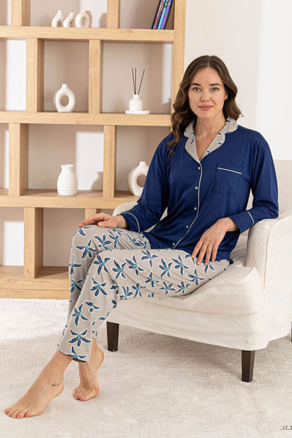 Pijamoni Kadın Pijama Takımı Uzun Kollu Gömlek Yaka Cepli Milan Kumaş Çiçek Desenli