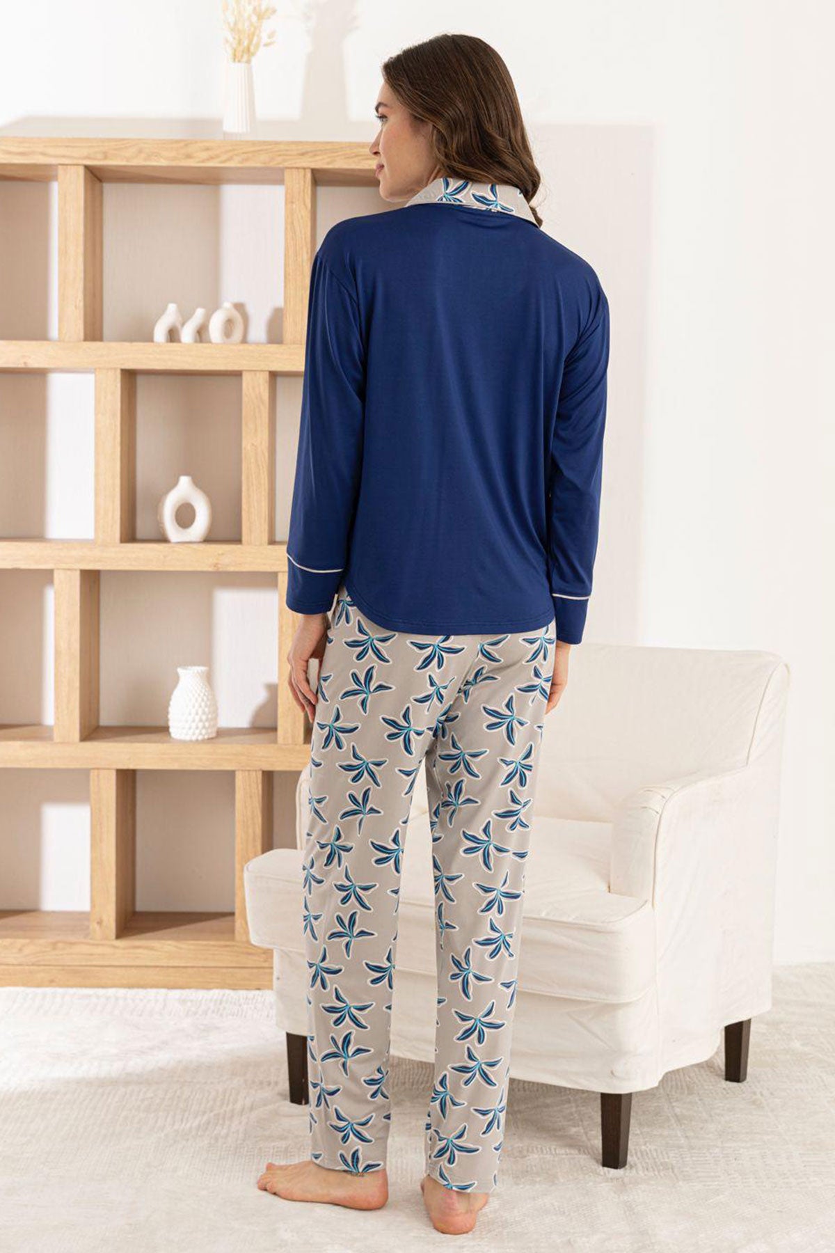 Pijamoni Kadın Pijama Takımı Uzun Kollu Gömlek Yaka Cepli Milan Kumaş Çiçek Desenli