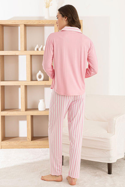 Pijamoni Kadın Pijama Takımı Uzun Kollu Gömlek Yaka Cepli Milan Kumaş Çizgili