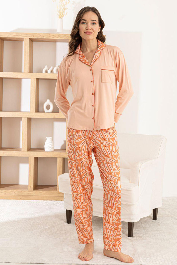 Pijamoni Kadın Pijama Takımı Uzun Kollu Gömlek Yaka Cepli Milan Kumaş Desenli