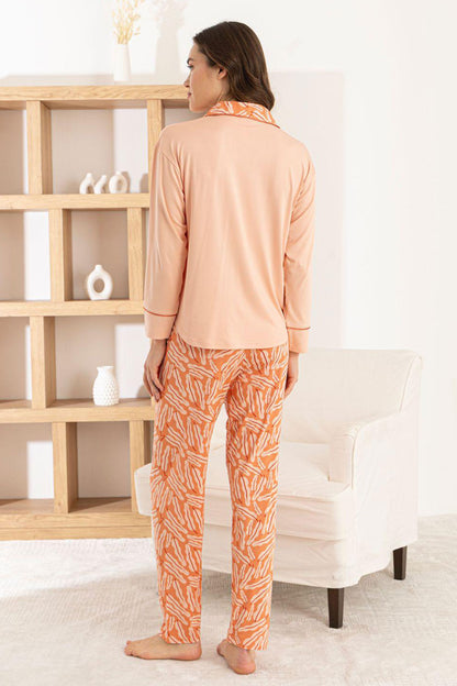 Pijamoni Kadın Pijama Takımı Uzun Kollu Gömlek Yaka Cepli Milan Kumaş Desenli