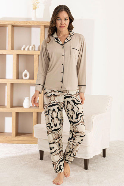 Pijamoni Kadın Pijama Takımı Uzun Kollu Gömlek Yaka Cepli Milan Kumaş Desenli