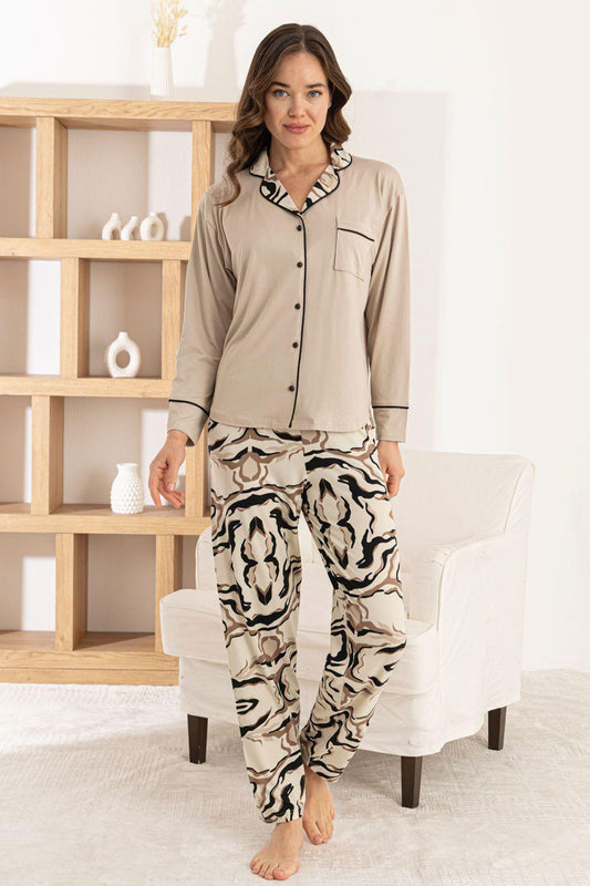 Pijamoni Kadın Pijama Takımı Uzun Kollu Gömlek Yaka Cepli Milan Kumaş Desenli