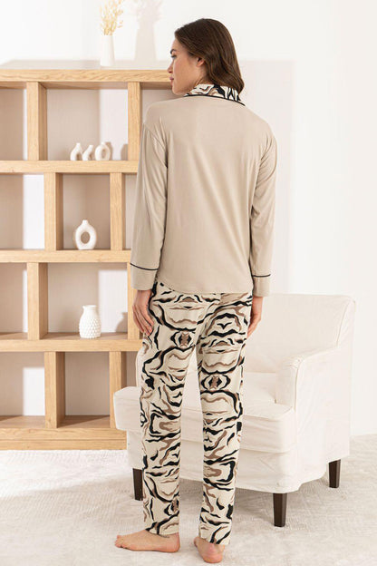 Pijamoni Kadın Pijama Takımı Uzun Kollu Gömlek Yaka Cepli Milan Kumaş Desenli