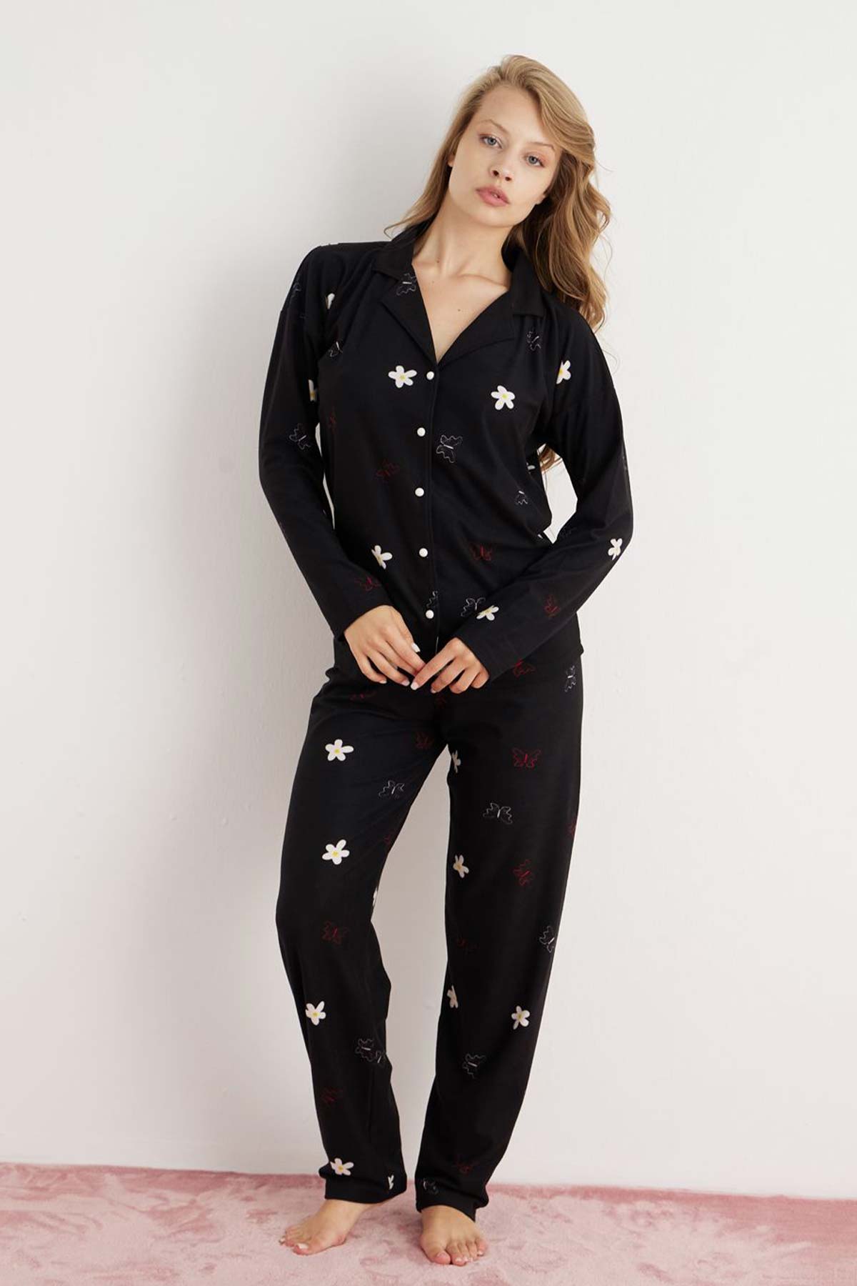 Pijamoni Kadın Pijama Takımı Uzun Kollu Gömlek Yaka Çiçek Desenli Süet