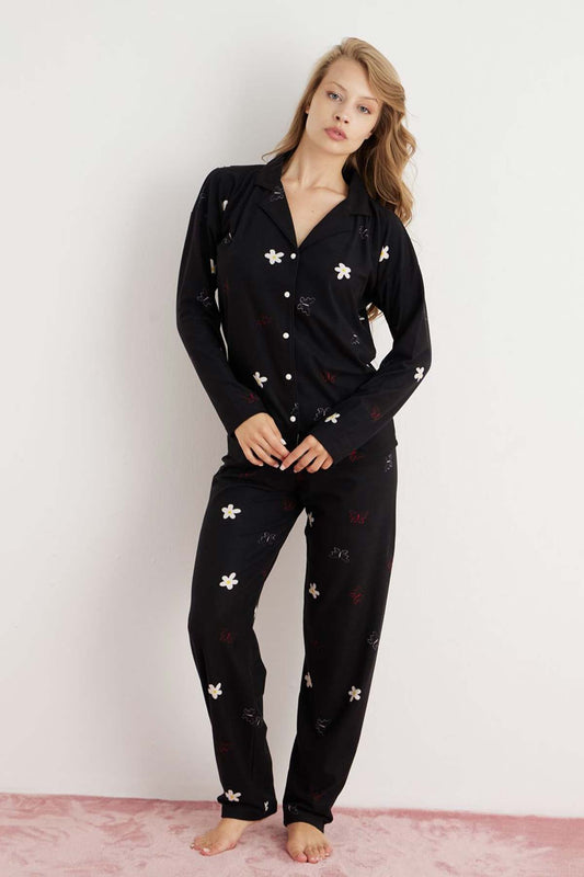 Pijamoni Kadın Pijama Takımı Uzun Kollu Gömlek Yaka Çiçek Desenli Süet