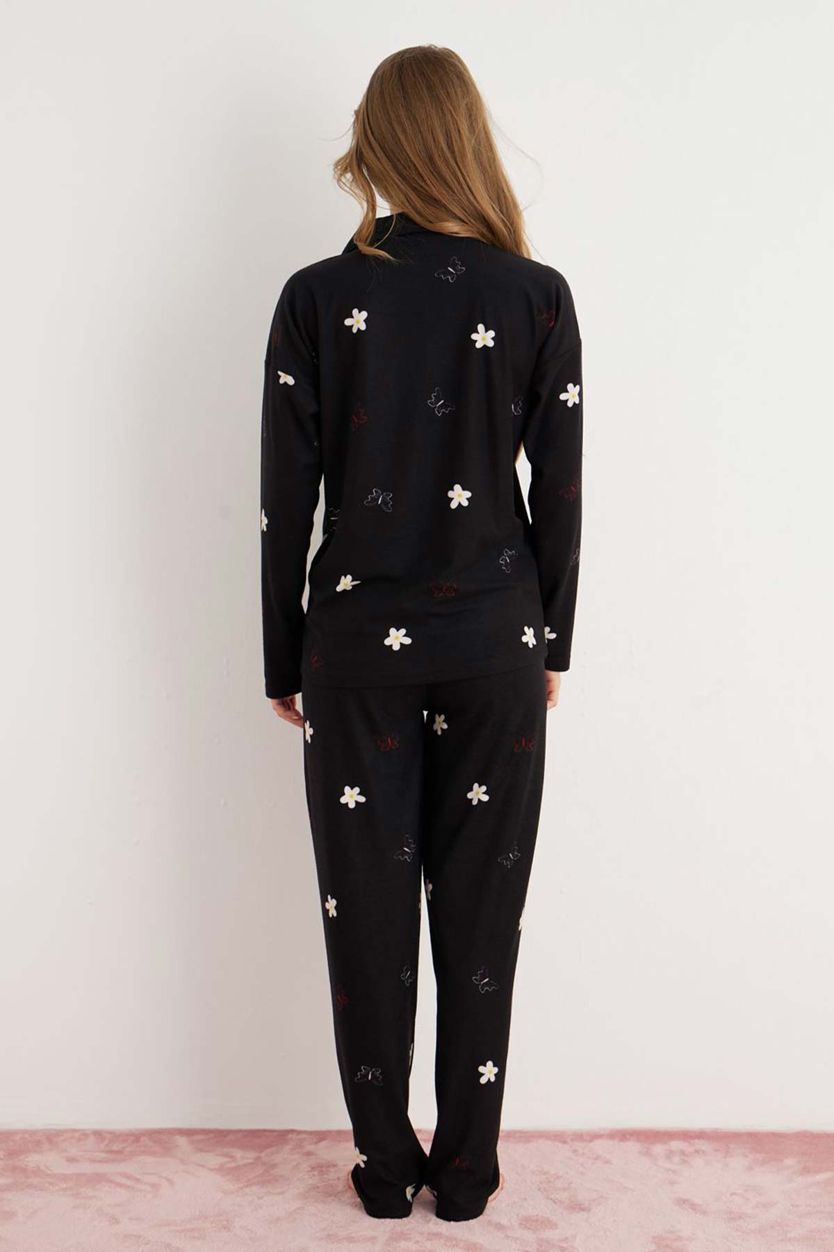 Pijamoni Kadın Pijama Takımı Uzun Kollu Gömlek Yaka Çiçek Desenli Süet