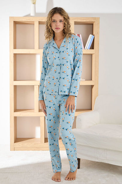 Pijamoni Kadın Pijama Takımı Uzun Kollu Gömlek Yaka Desenli Sofya