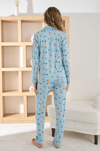 Pijamoni Kadın Pijama Takımı Uzun Kollu Gömlek Yaka Desenli Sofya