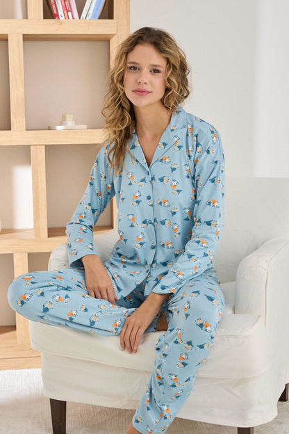 Pijamoni Kadın Pijama Takımı Uzun Kollu Gömlek Yaka Desenli Sofya