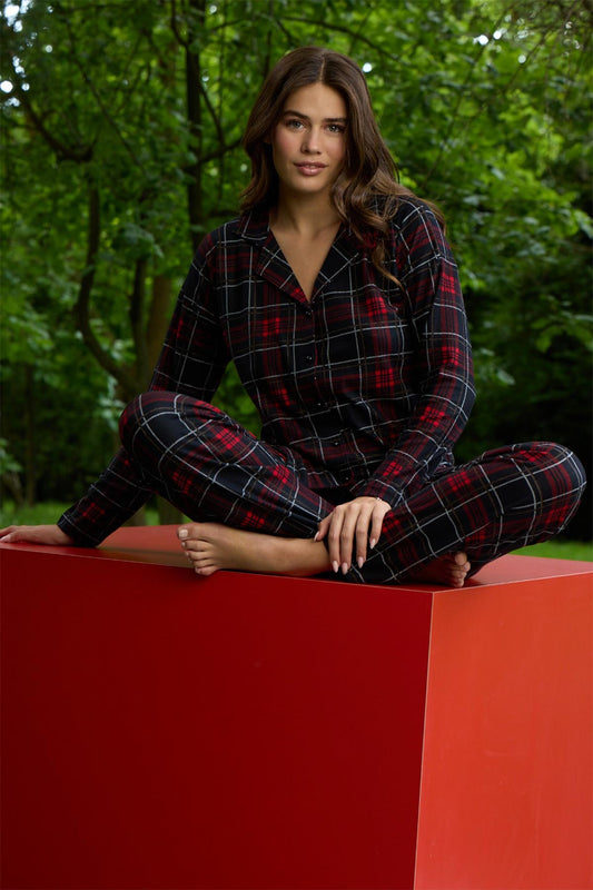 Pijamoni Kadın Pijama Takımı Uzun Kollu Gömlek Yaka Ekose Desenli Süet