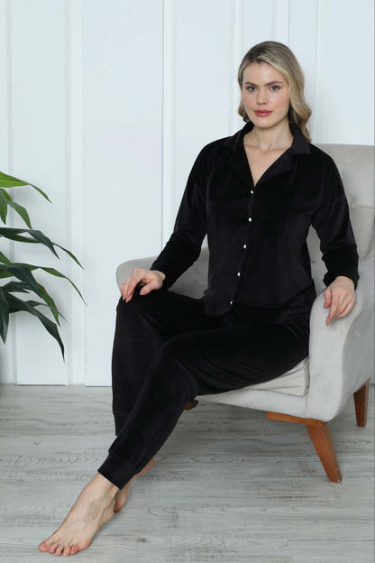 Pijamoni Kadın Pijama Takımı Uzun Kollu Gömlek Yaka Fransız Kadife Manşetli Paça