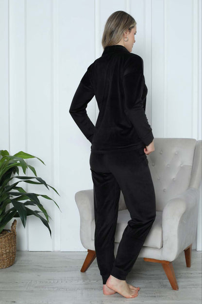 Pijamoni Kadın Pijama Takımı Uzun Kollu Gömlek Yaka Fransız Kadife Manşetli Paça