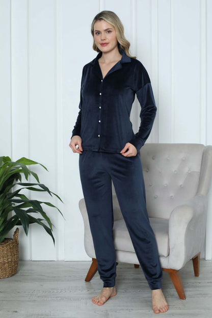 Pijamoni Kadın Pijama Takımı Uzun Kollu Gömlek Yaka Fransız Kadife Manşetli Paça