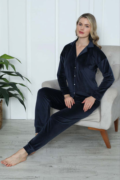 Pijamoni Kadın Pijama Takımı Uzun Kollu Gömlek Yaka Fransız Kadife Manşetli Paça