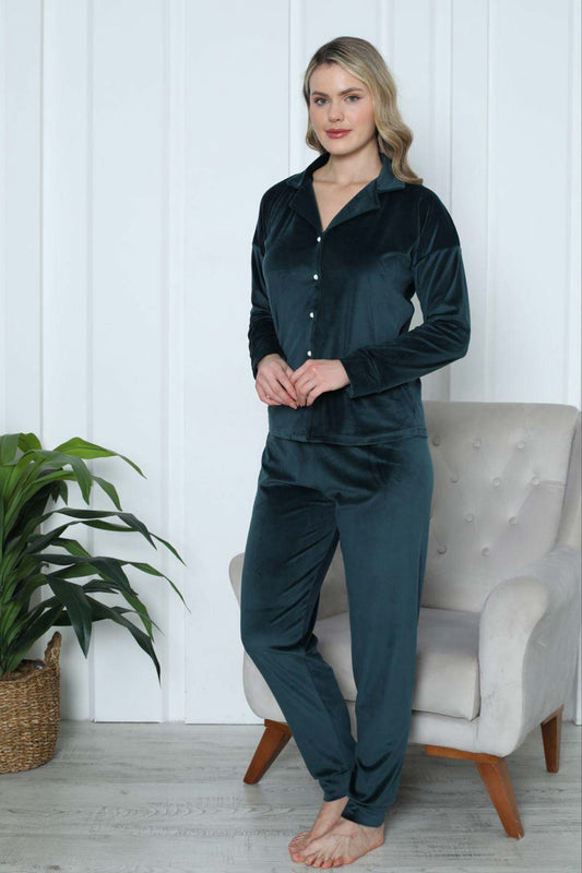 Pijamoni Kadın Pijama Takımı Uzun Kollu Gömlek Yaka Fransız Kadife Manşetli Paça