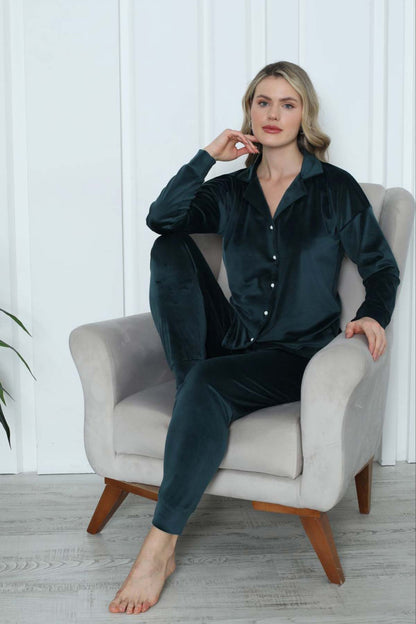 Pijamoni Kadın Pijama Takımı Uzun Kollu Gömlek Yaka Fransız Kadife Manşetli Paça