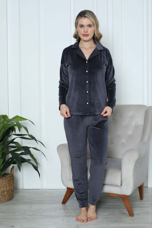 Pijamoni Kadın Pijama Takımı Uzun Kollu Gömlek Yaka Fransız Kadife Manşetli Paça