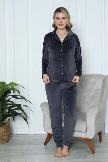 Pijamoni Kadın Pijama Takımı Uzun Kollu Gömlek Yaka Fransız Kadife Manşetli Paça