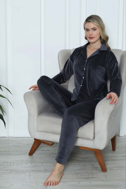 Pijamoni Kadın Pijama Takımı Uzun Kollu Gömlek Yaka Fransız Kadife Manşetli Paça