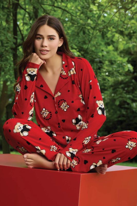 Pijamoni Kadın Pijama Takımı Uzun Kollu Gömlek Yaka Süet