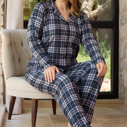 Pijamoni Kadın Pijama Takımı Uzun Kollu Gömlek Yaka Süet Büyük Beden