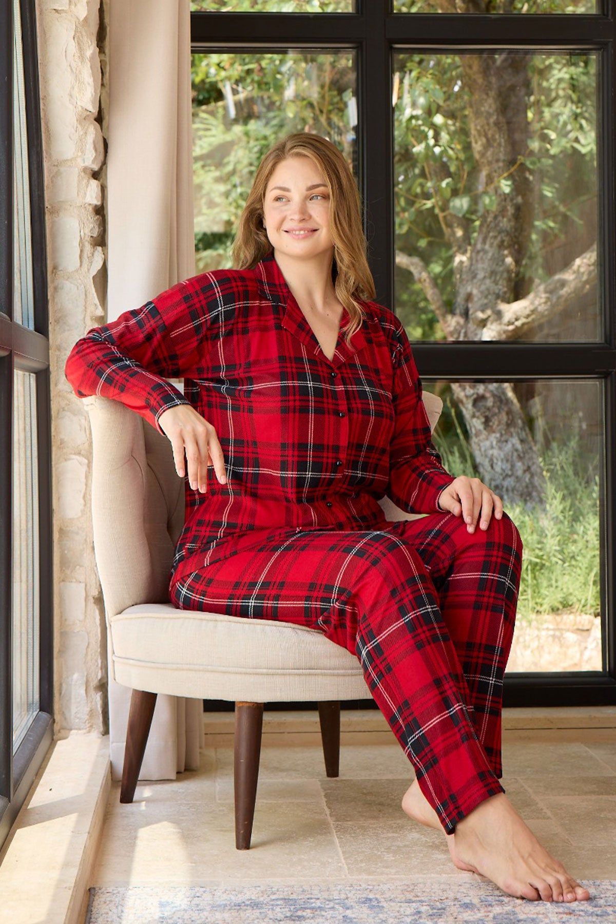 Pijamoni Kadın Pijama Takımı Uzun Kollu Gömlek Yaka Süet Büyük Beden