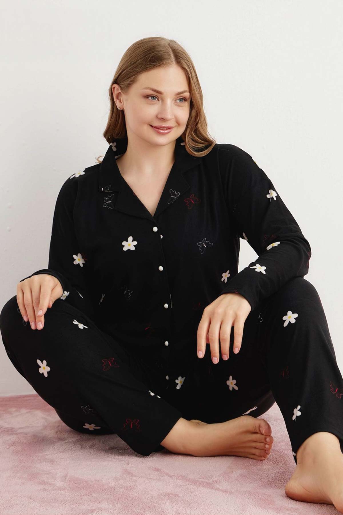Pijamoni Kadın Pijama Takımı Uzun Kollu Gömlek Yaka Süet Çiçek Desenli Büyük Beden