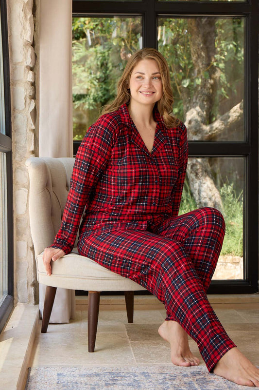 Pijamoni Kadın Pijama Takımı Uzun Kollu Gömlek Yaka Süet Ekose Büyük Beden