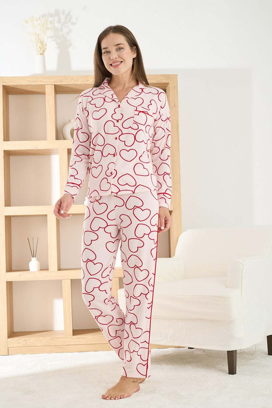 Pijamoni Kadın Pijama Takımı Uzun Kollu Gömlek Yaka Waffle Kumaş Büyük Kalp Desenli