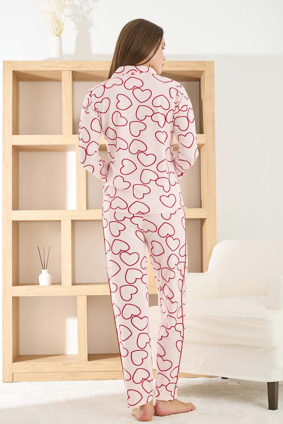 Pijamoni Kadın Pijama Takımı Uzun Kollu Gömlek Yaka Waffle Kumaş Büyük Kalp Desenli