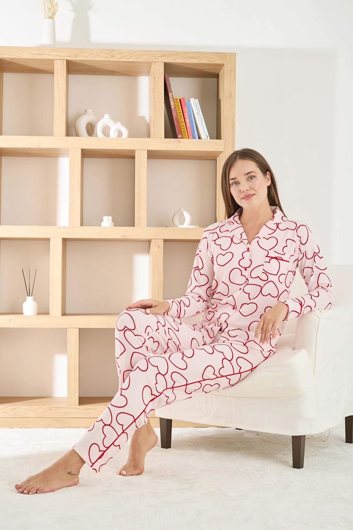 Pijamoni Kadın Pijama Takımı Uzun Kollu Gömlek Yaka Waffle Kumaş Büyük Kalp Desenli