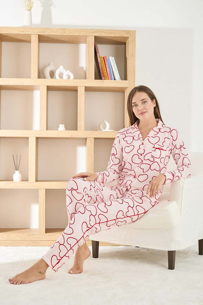 Pijamoni Kadın Pijama Takımı Uzun Kollu Gömlek Yaka Waffle Kumaş Büyük Kalp Desenli