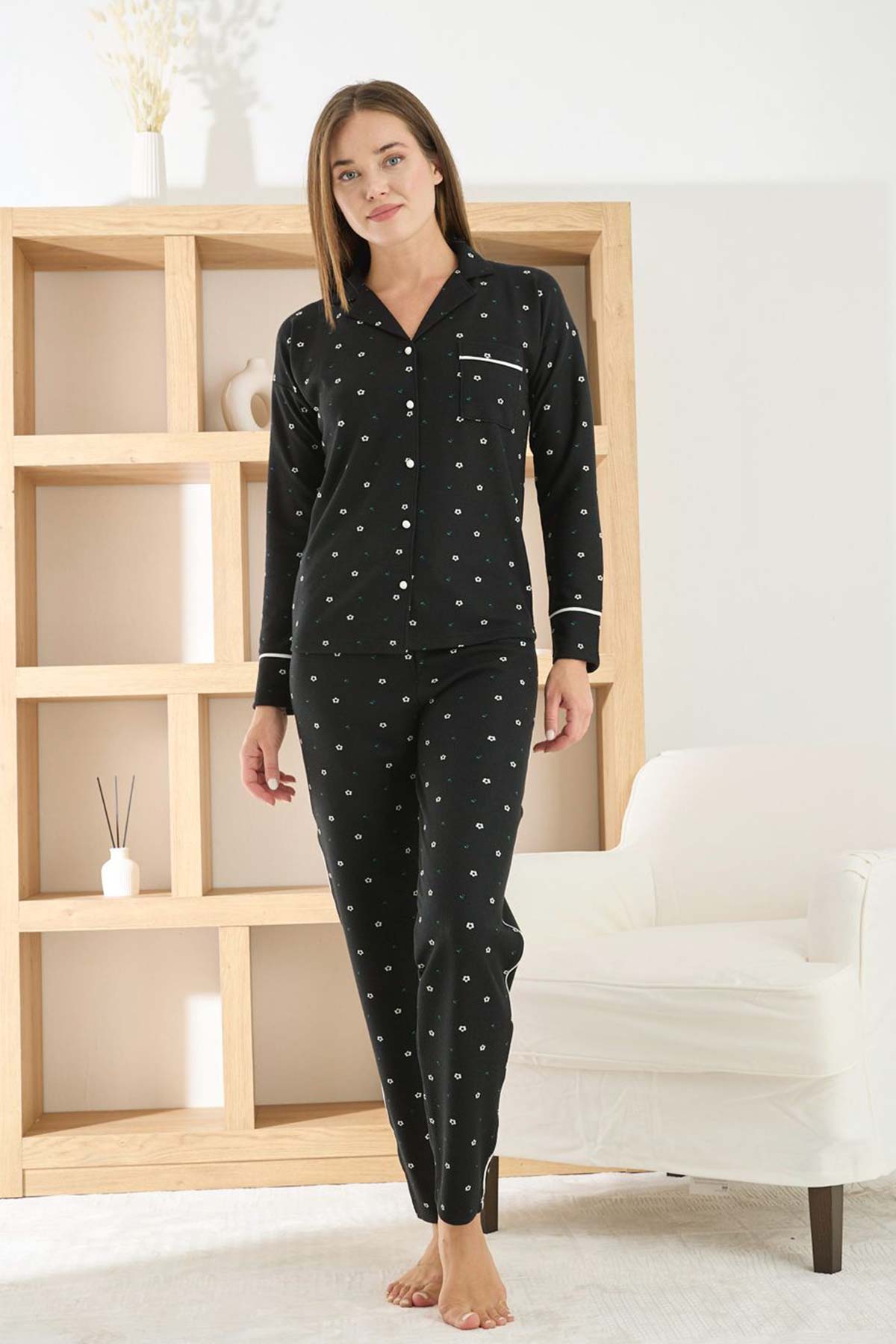 Pijamoni Kadın Pijama Takımı Uzun Kollu Gömlek Yaka Waffle Kumaş Desenli