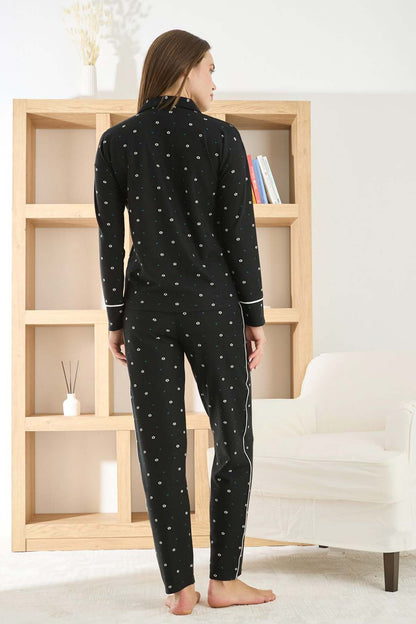 Pijamoni Kadın Pijama Takımı Uzun Kollu Gömlek Yaka Waffle Kumaş Desenli