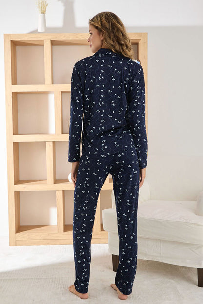 Pijamoni Kadın Pijama Takımı Uzun Kollu Gömlek Yaka Yaprak Desenli Sofya
