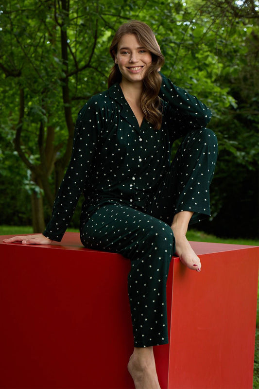 Pijamoni Kadın Pijama Takımı Uzun Kollu Gömlek Yaka Yıldızlı Süet