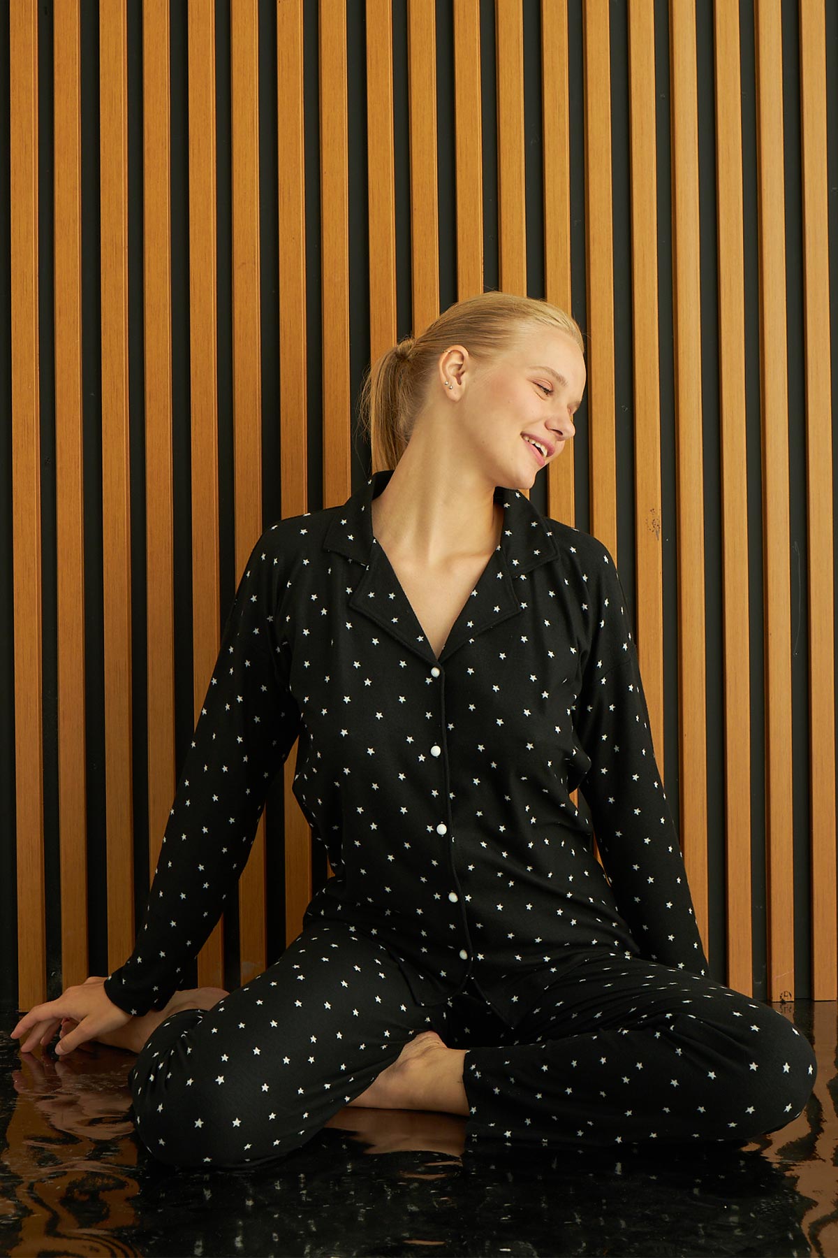 Pijamoni Kadın Pijama Takımı Uzun Kollu Gömlek Yaka Yıldızlı Süet