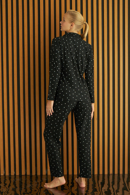 Pijamoni Kadın Pijama Takımı Uzun Kollu Gömlek Yaka Yıldızlı Süet