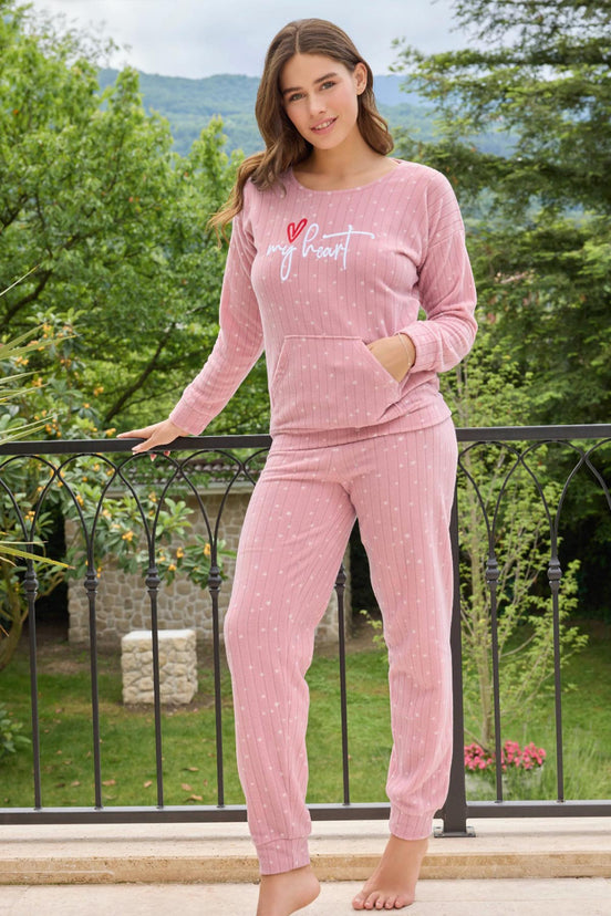 Pijamoni Kadın Pijama Takımı Uzun Kollu Yıldızlı Fitilli Polar