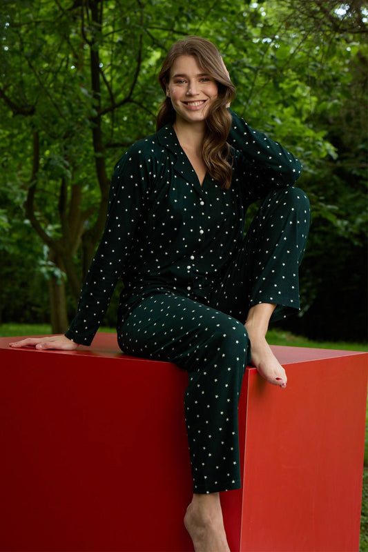 Pijamoni Kadın Pijama Takımı Uzun Kolu Gömlek Yaka Desenli