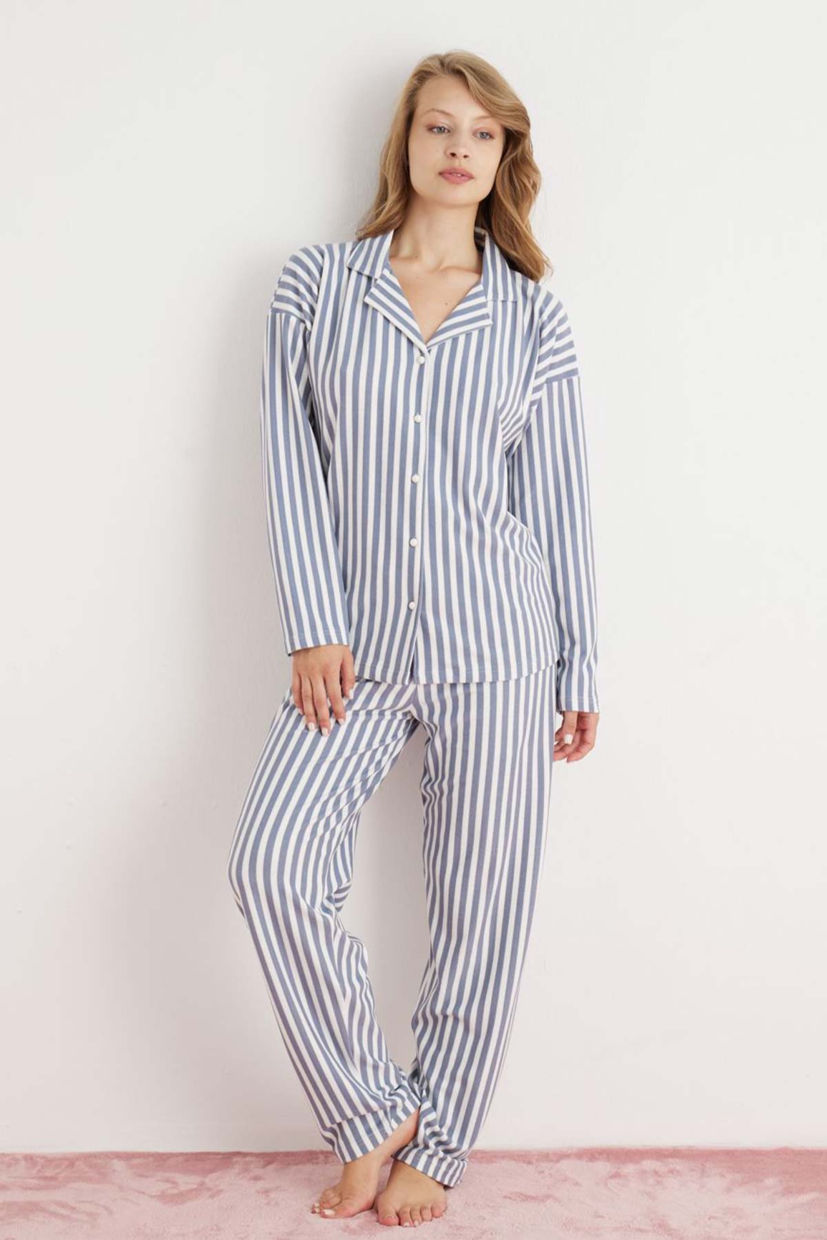 Pijamoni Kadın Pijama Takımı Uzun Kolu Gömlek Yaka Desenli