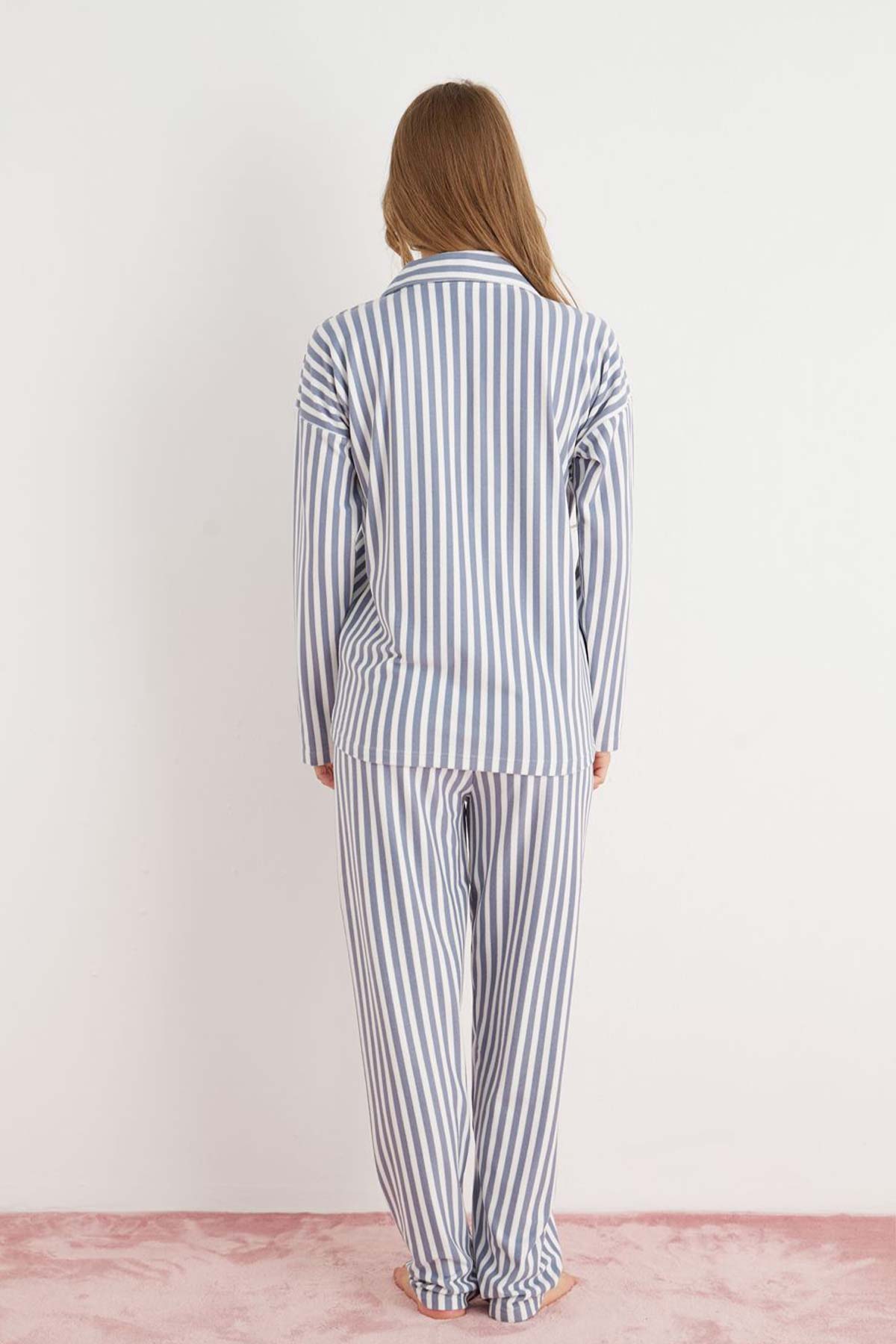 Pijamoni Kadın Pijama Takımı Uzun Kolu Gömlek Yaka Desenli