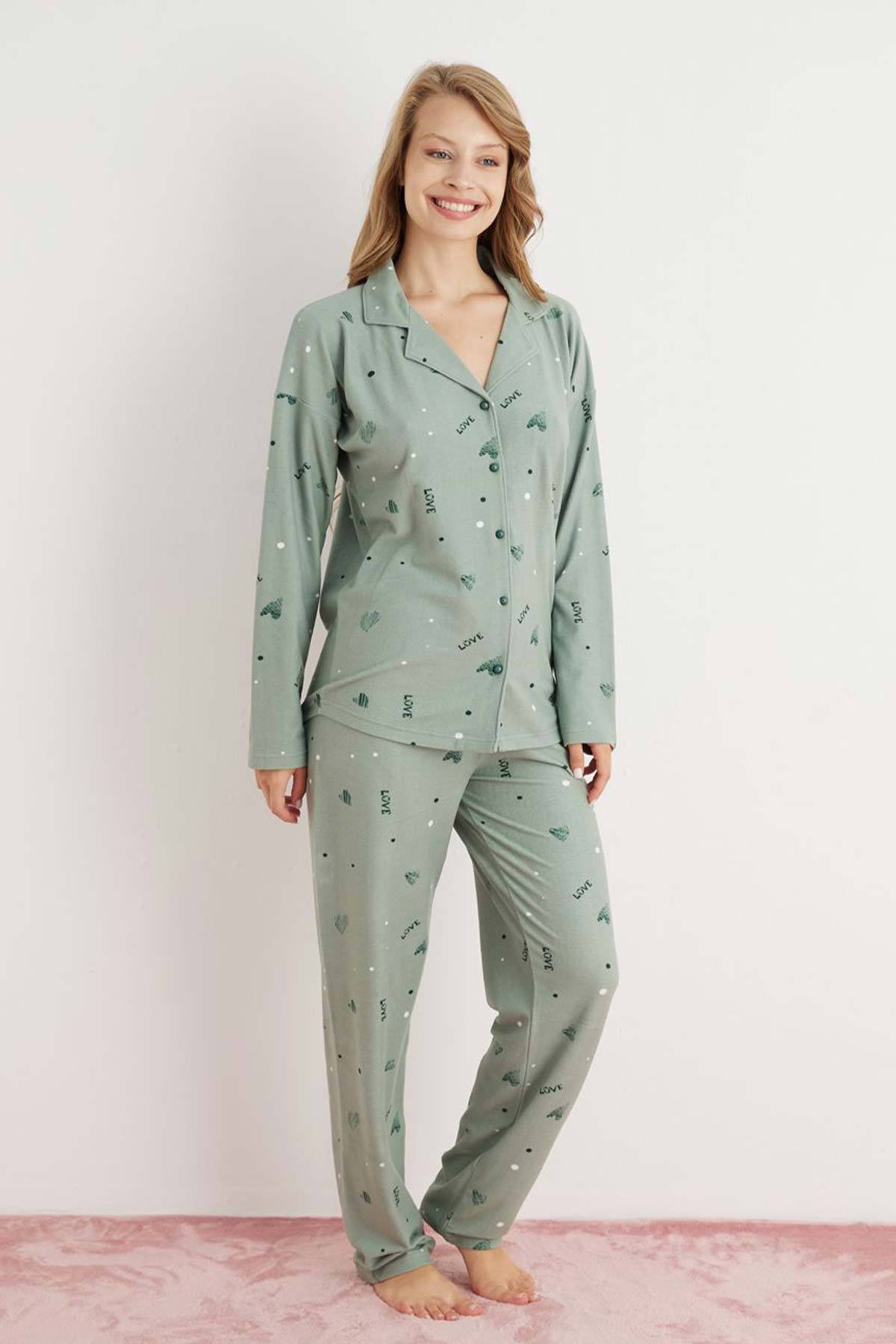 Pijamoni Kadın Pijama Takımı Uzun Kolu Gömlek Yaka Kalp Desenli Süet