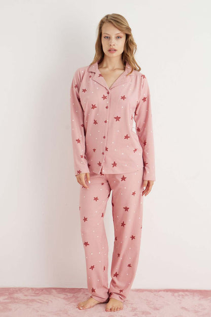 Pijamoni Kadın Pijama Takımı Uzun Kolu Gömlek Yaka Yıldız Desenli Süet