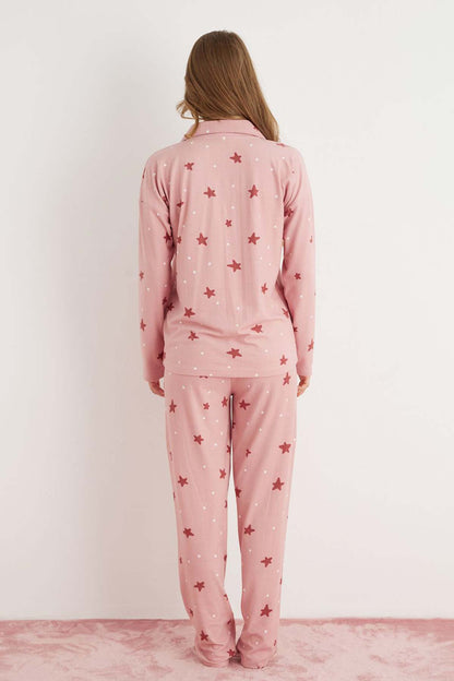 Pijamoni Kadın Pijama Takımı Uzun Kolu Gömlek Yaka Yıldız Desenli Süet