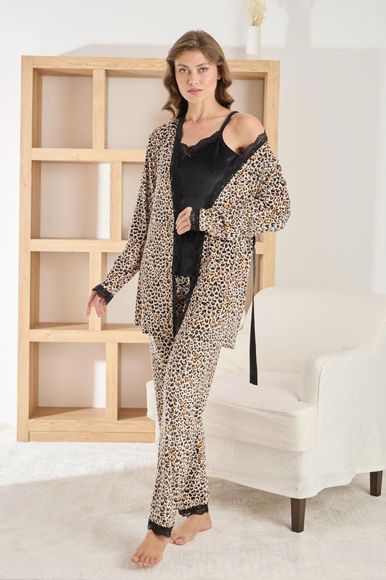 Pijamoni Kadın Sabahlıklı Pijama Takımı İp Askılı Kadife Desenli