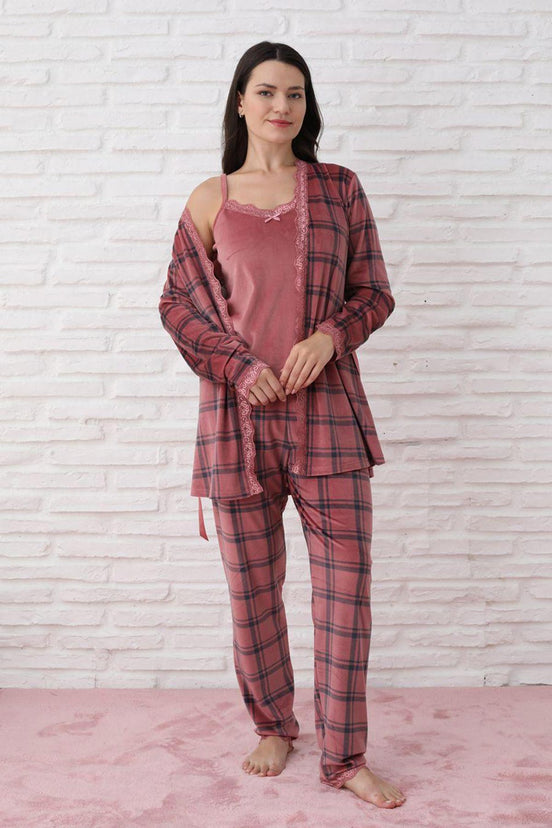 Pijamoni Kadın Sabahlıklı Pijama Takımı İp Askılı Kadife Desenli
