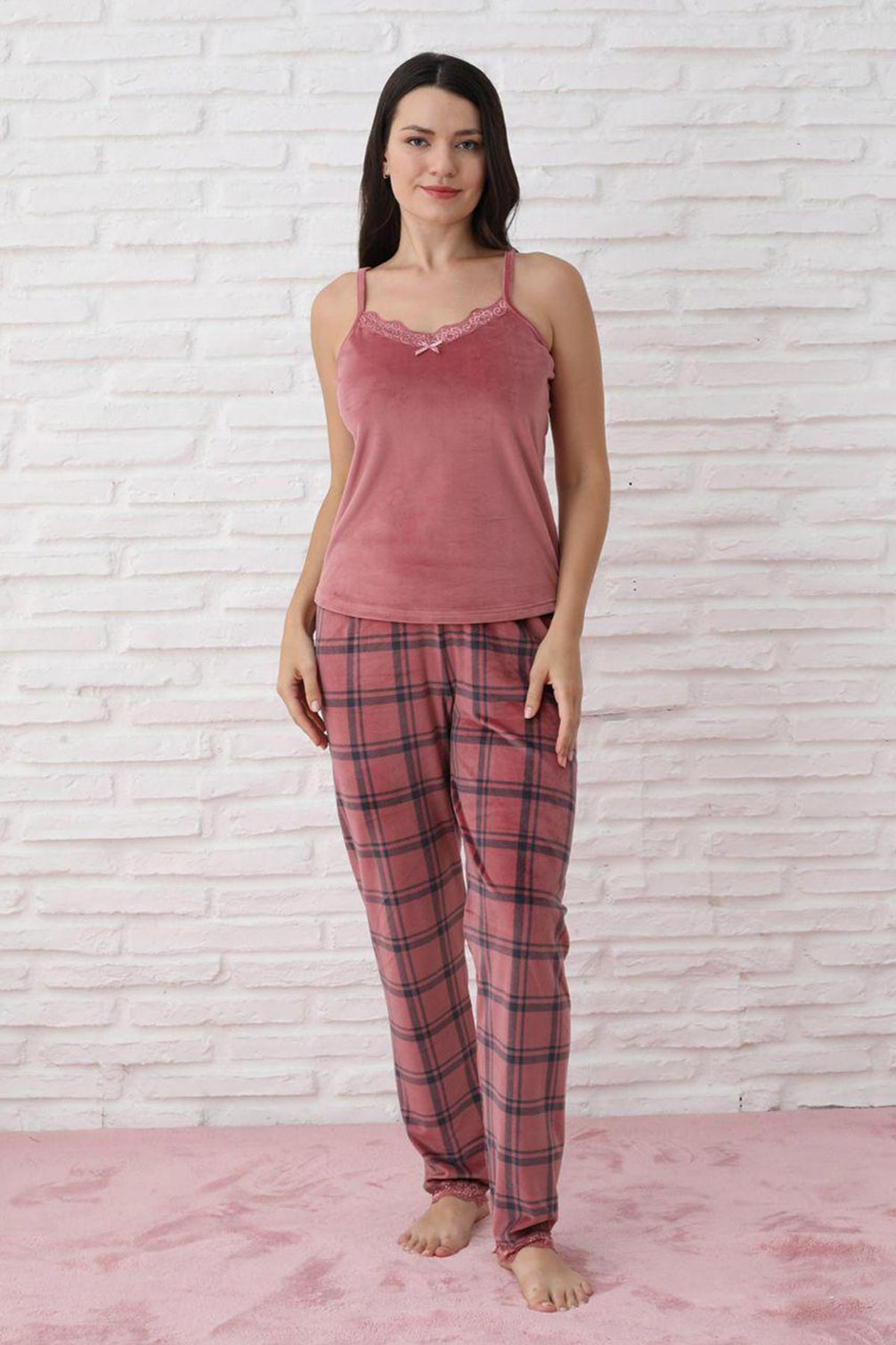 Pijamoni Kadın Sabahlıklı Pijama Takımı İp Askılı Kadife Desenli