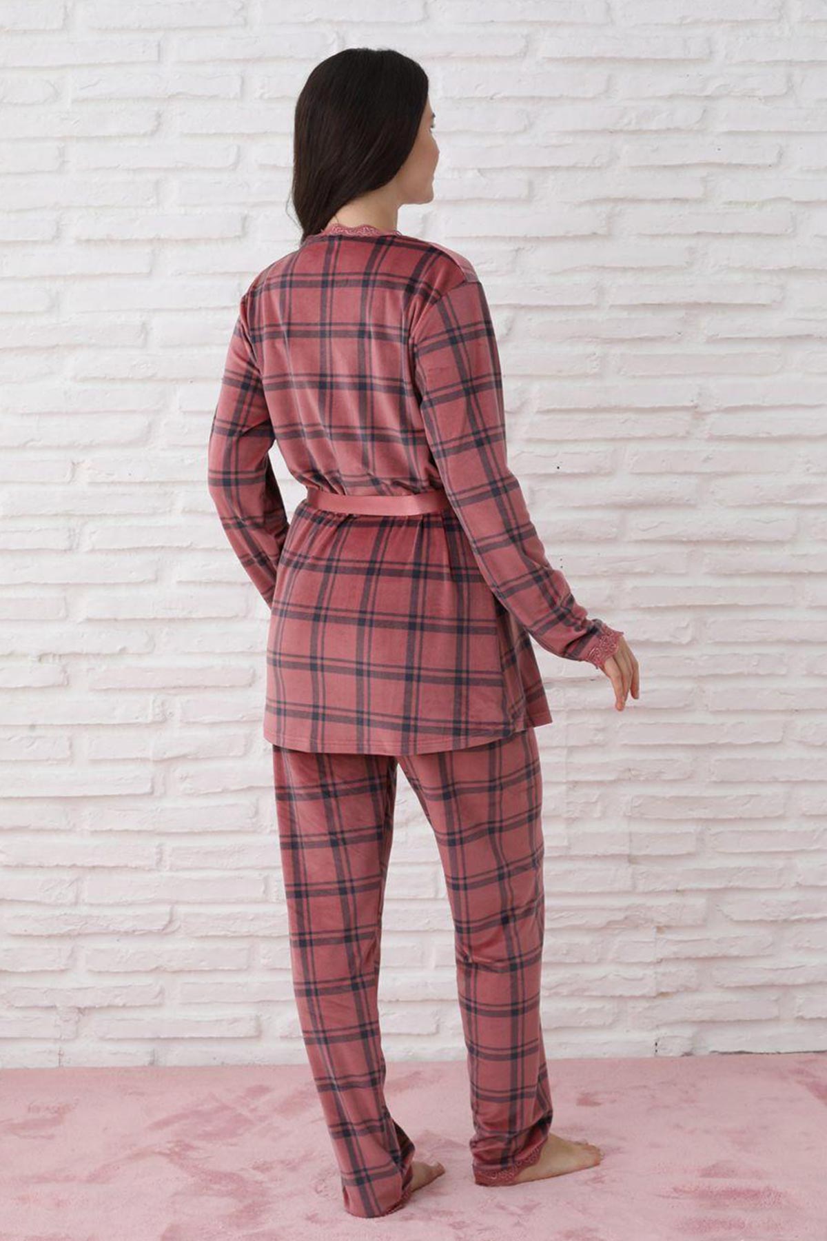 Pijamoni Kadın Sabahlıklı Pijama Takımı İp Askılı Kadife Desenli